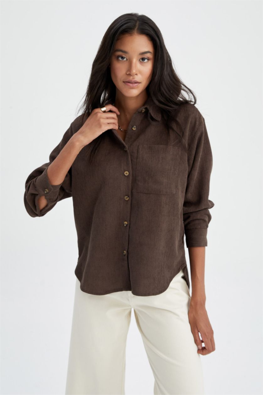 نساء بني قميص كم طويل مخمل قصة عادية بياقة قميص