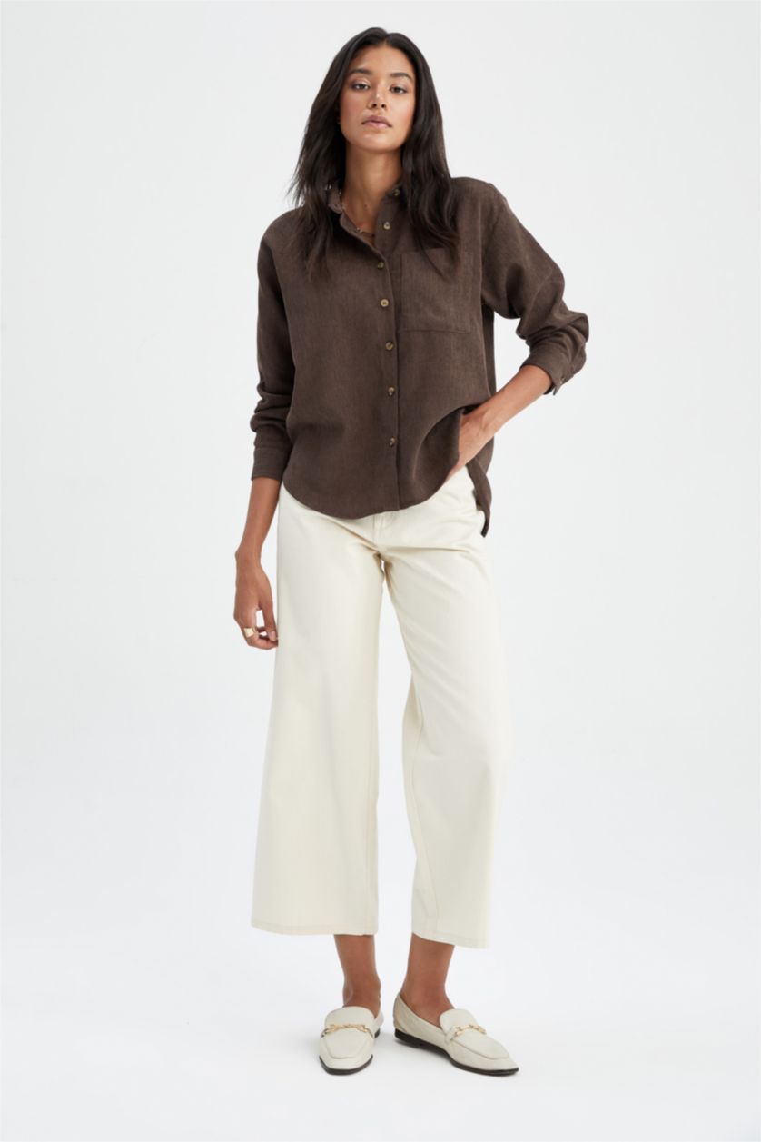 نساء بني قميص كم طويل مخمل قصة عادية بياقة قميص