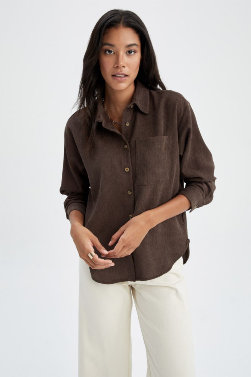 نساء بني قميص كم طويل مخمل قصة عادية بياقة قميص