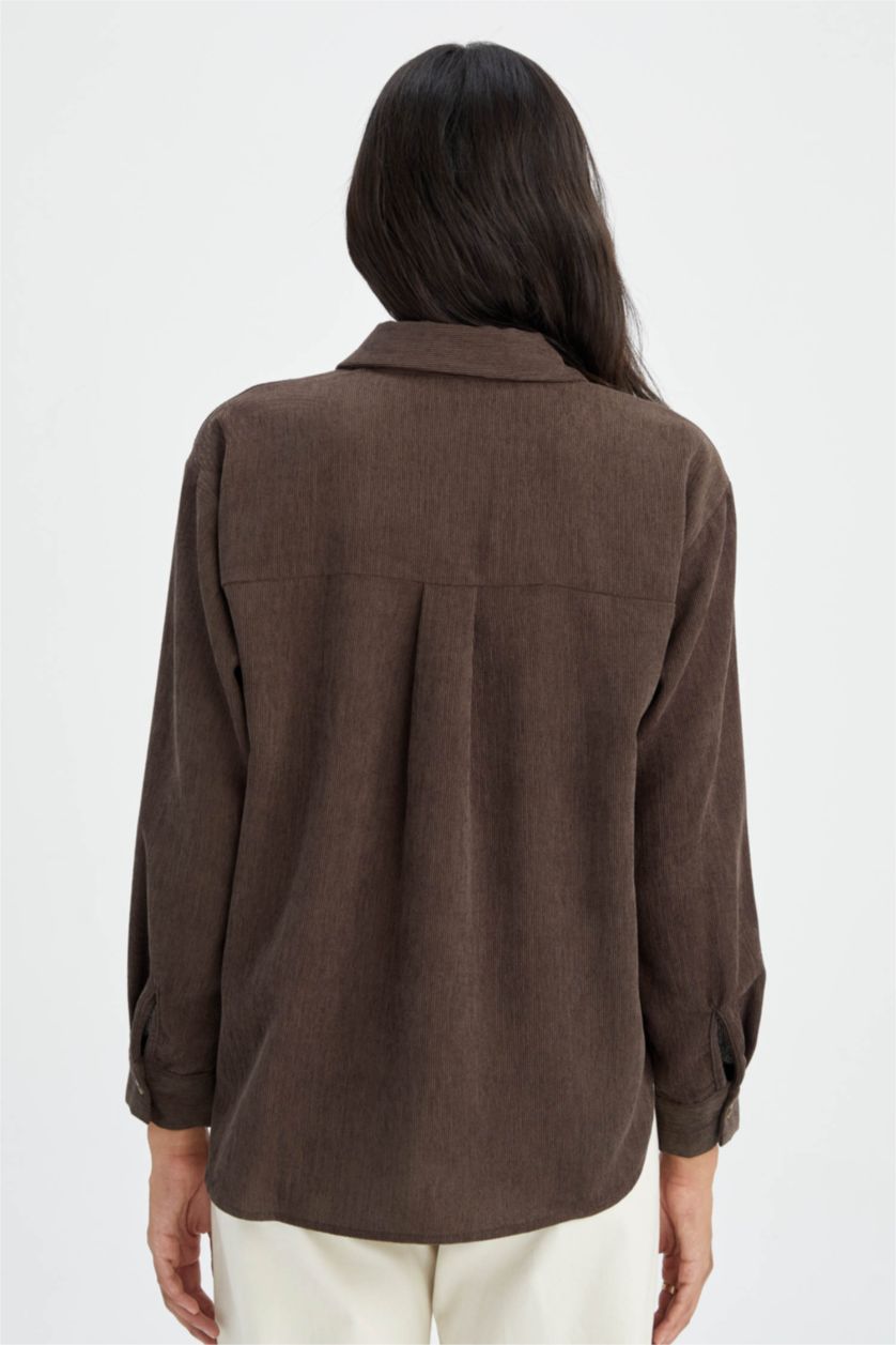 نساء بني قميص كم طويل مخمل قصة عادية بياقة قميص