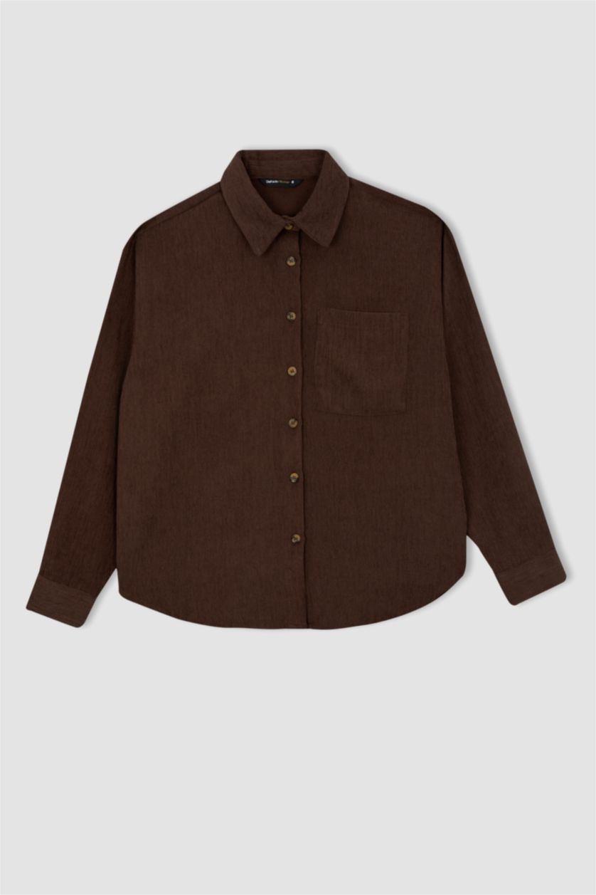 نساء بني قميص كم طويل مخمل قصة عادية بياقة قميص