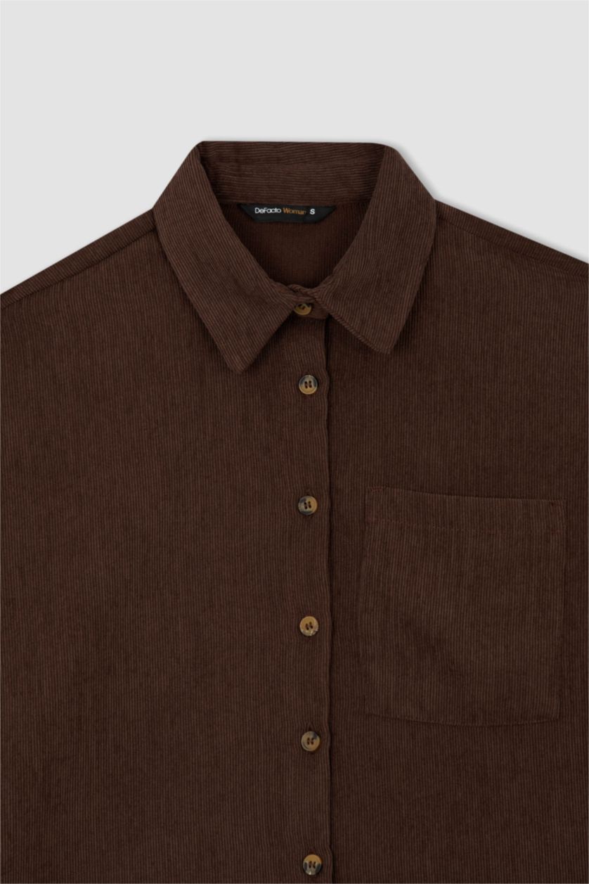 نساء بني قميص كم طويل مخمل قصة عادية بياقة قميص