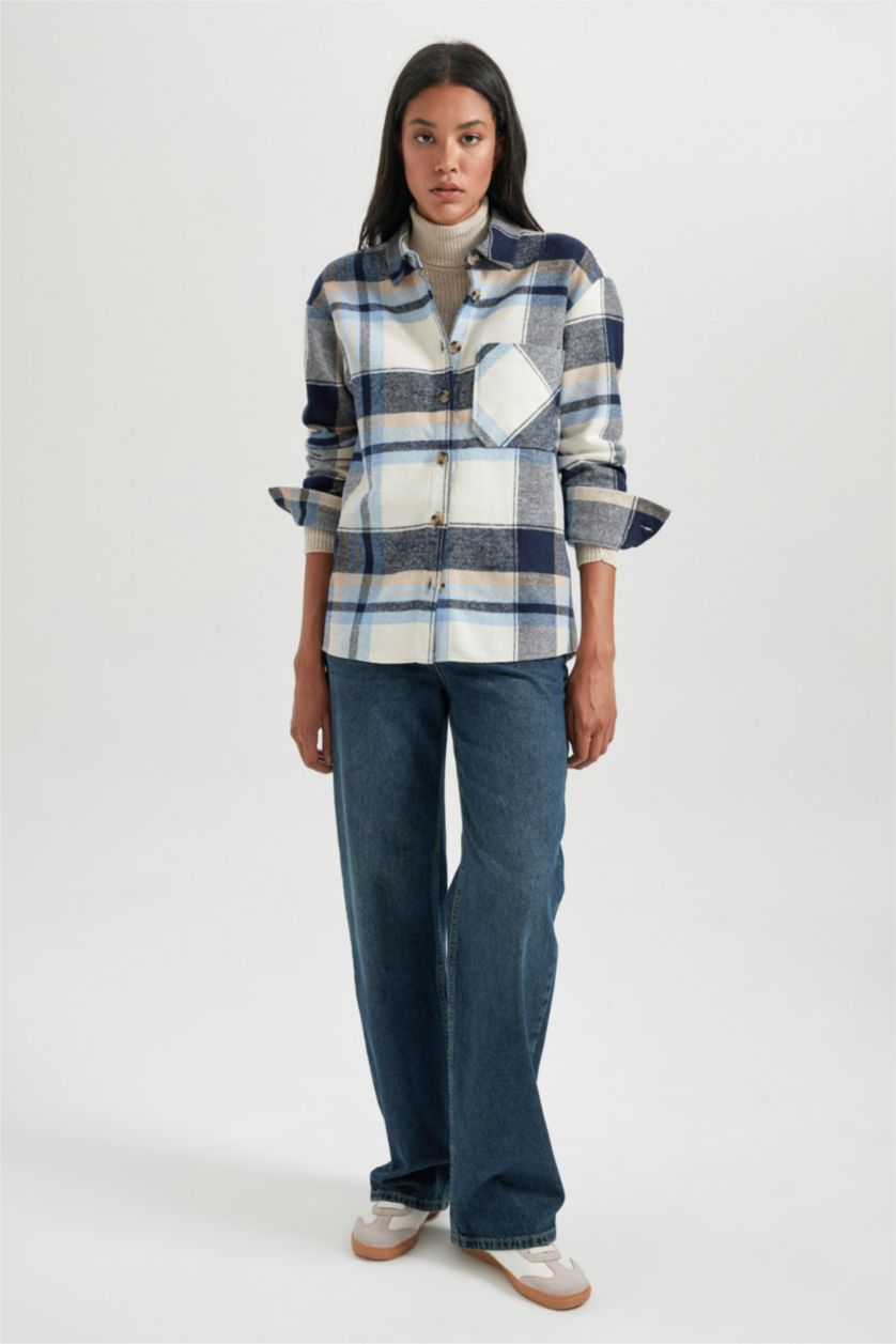 Женская Синий Рубашка с длинным рукавом