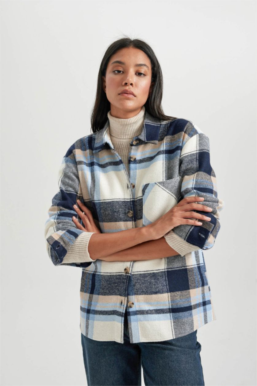 Женская Синий Рубашка с длинным рукавом