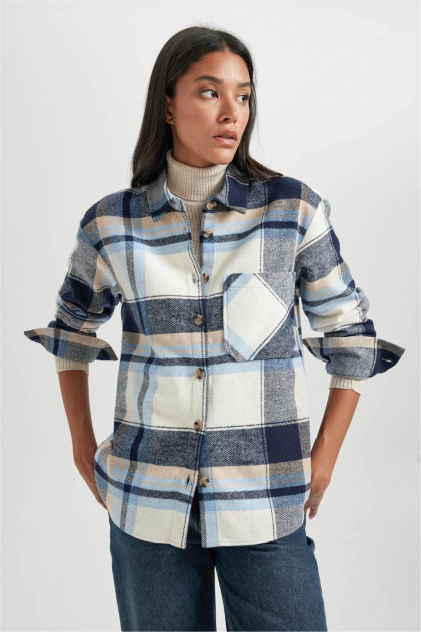 Женская Синий Рубашка с длинным рукавом