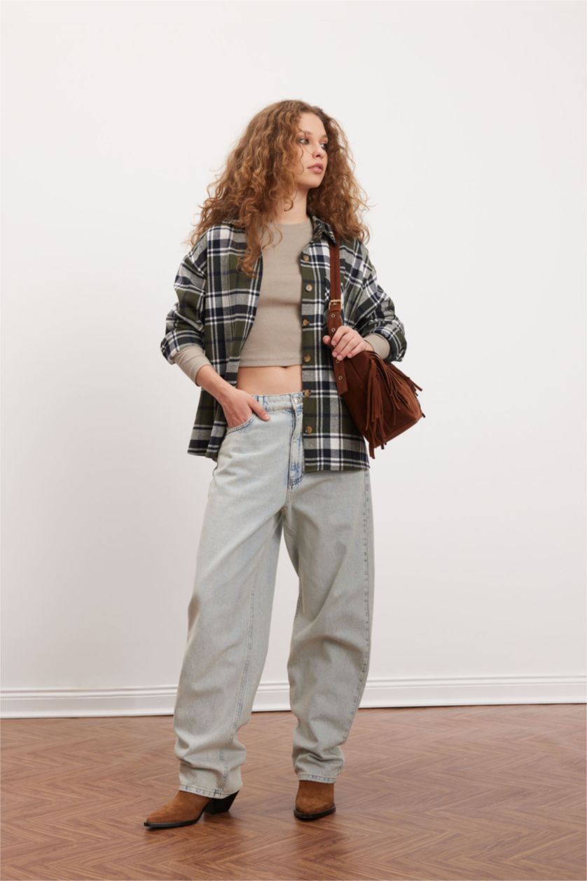 Kadın Haki Kareli Flanel Uzun Kollu Oduncu Gömlek