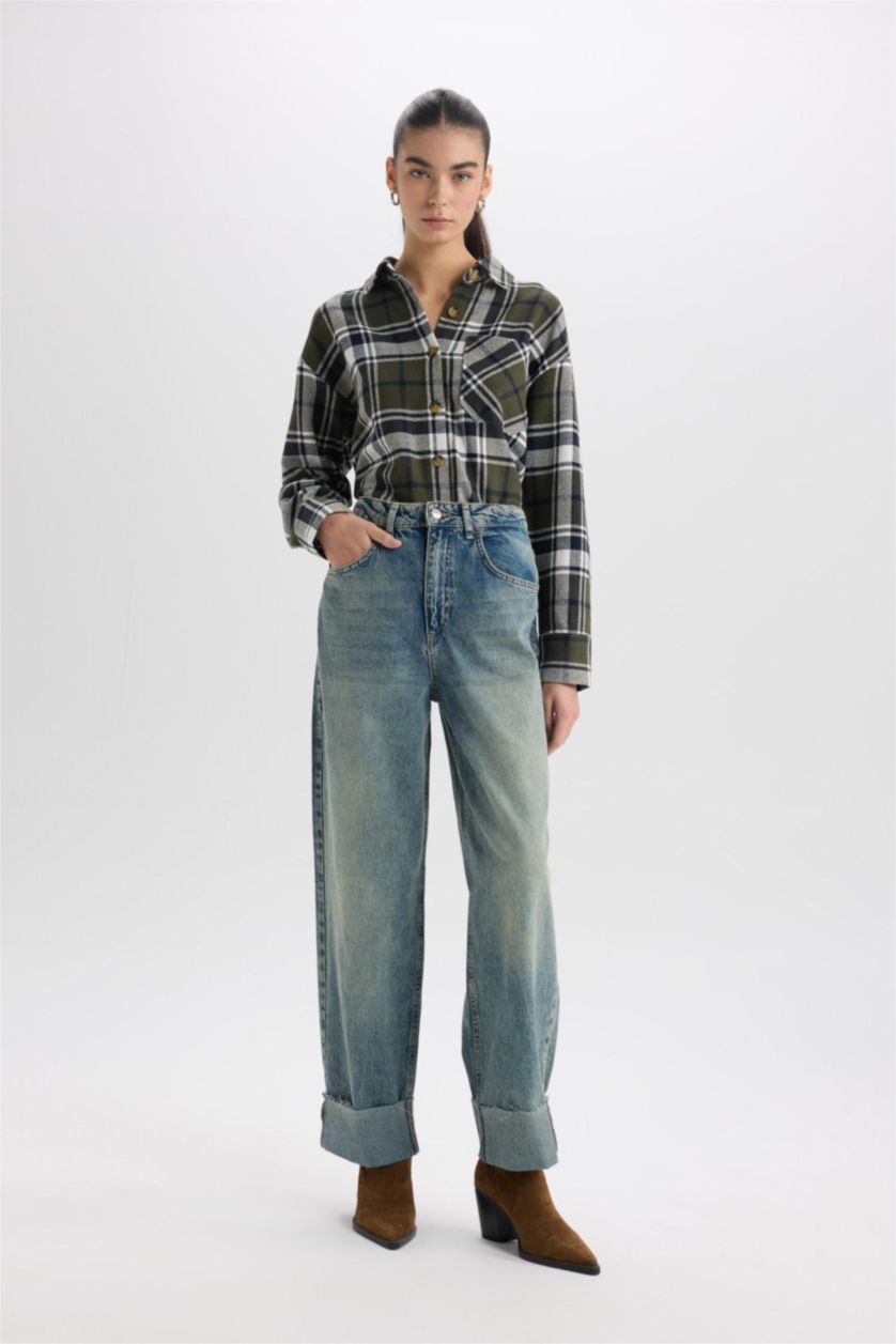 Kadın Haki Kareli Flanel Uzun Kollu Oduncu Gömlek