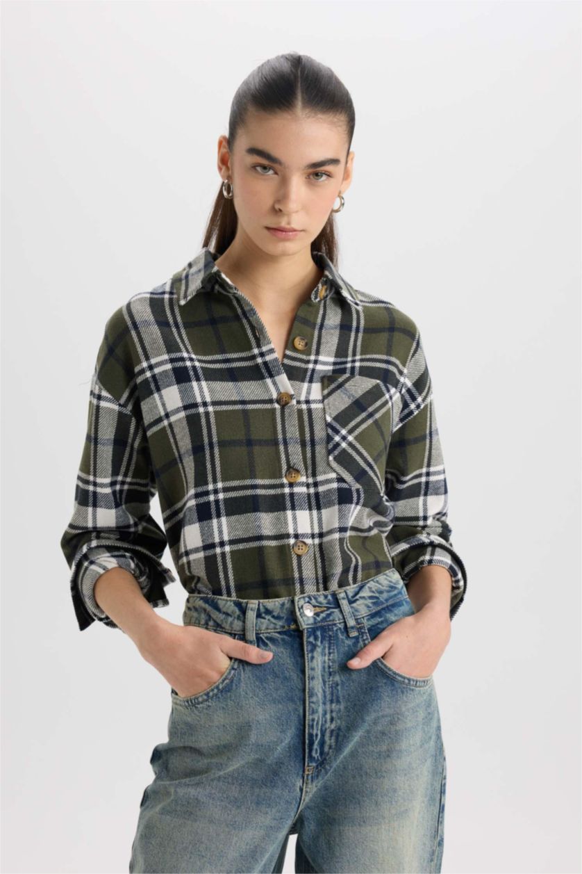 Kadın Haki Kareli Flanel Uzun Kollu Oduncu Gömlek