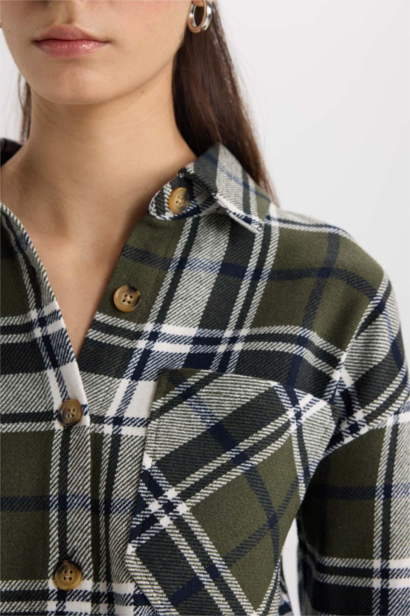 Kadın Haki Kareli Flanel Uzun Kollu Oduncu Gömlek