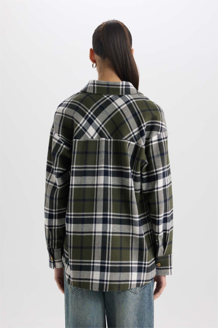 Kadın Haki Kareli Flanel Uzun Kollu Oduncu Gömlek