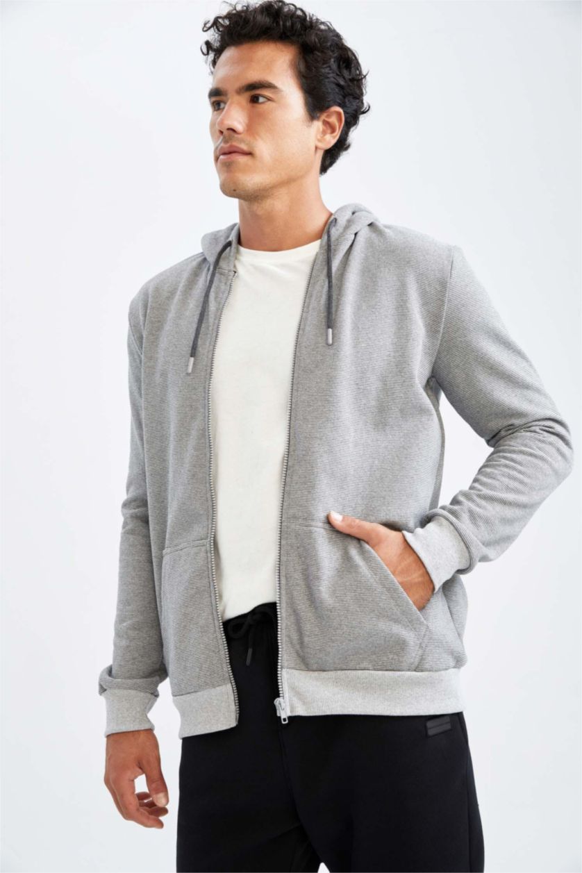 MAN O.GRAY MELANGE Slim Fit Long Sleeve Zippered Cardigan