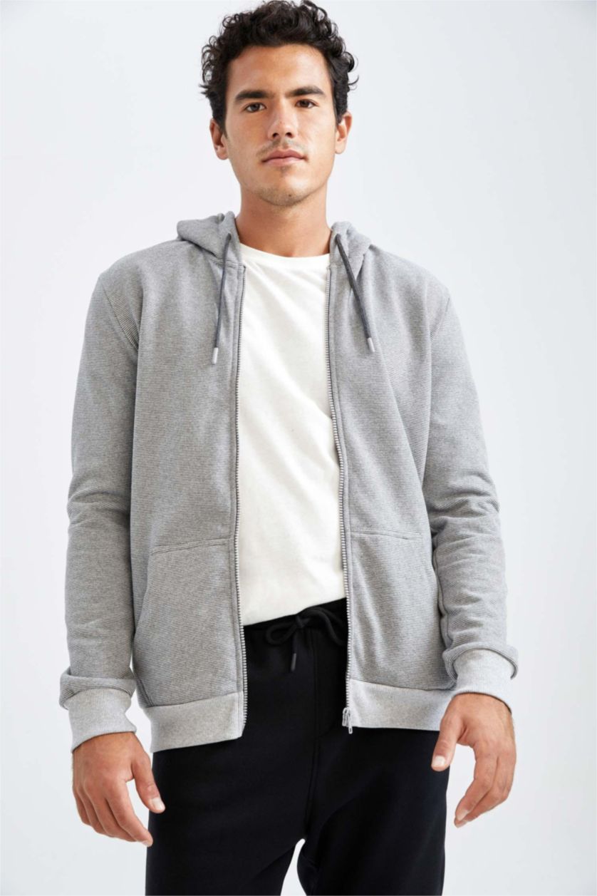 MAN O.GRAY MELANGE Slim Fit Long Sleeve Zippered Cardigan