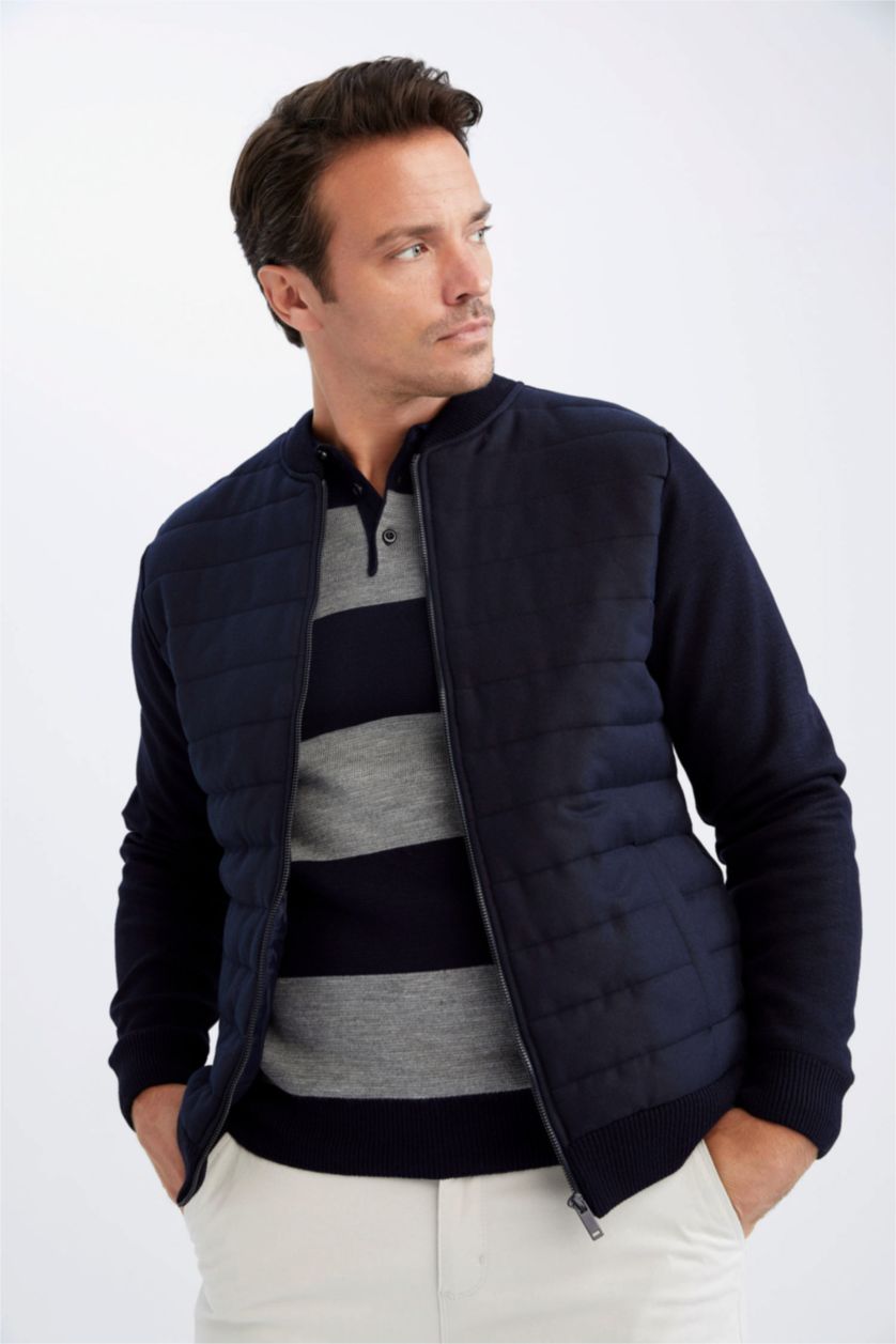 Erkek Lacivert Slım Fıt Kolej Yaka Bomber Triko Hırka