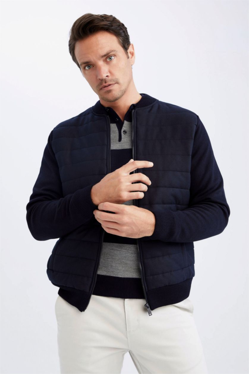 Erkek Lacivert Slım Fıt Kolej Yaka Bomber Triko Hırka