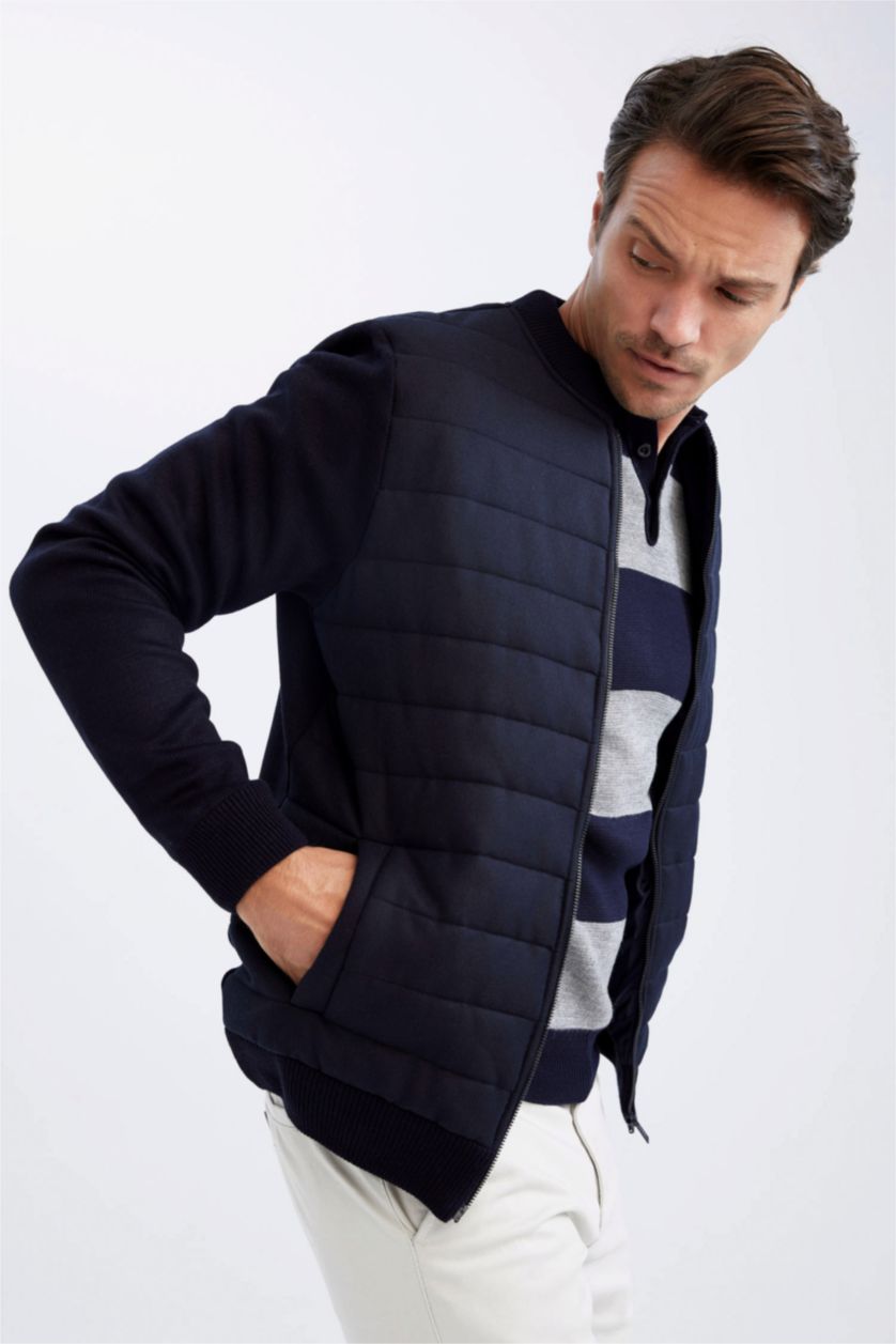 Erkek Lacivert Slım Fıt Kolej Yaka Bomber Triko Hırka