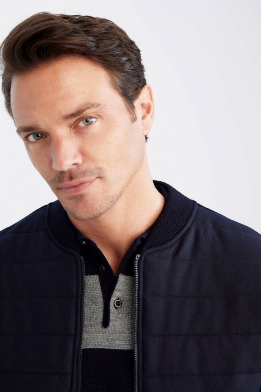 Erkek Lacivert Slım Fıt Kolej Yaka Bomber Triko Hırka