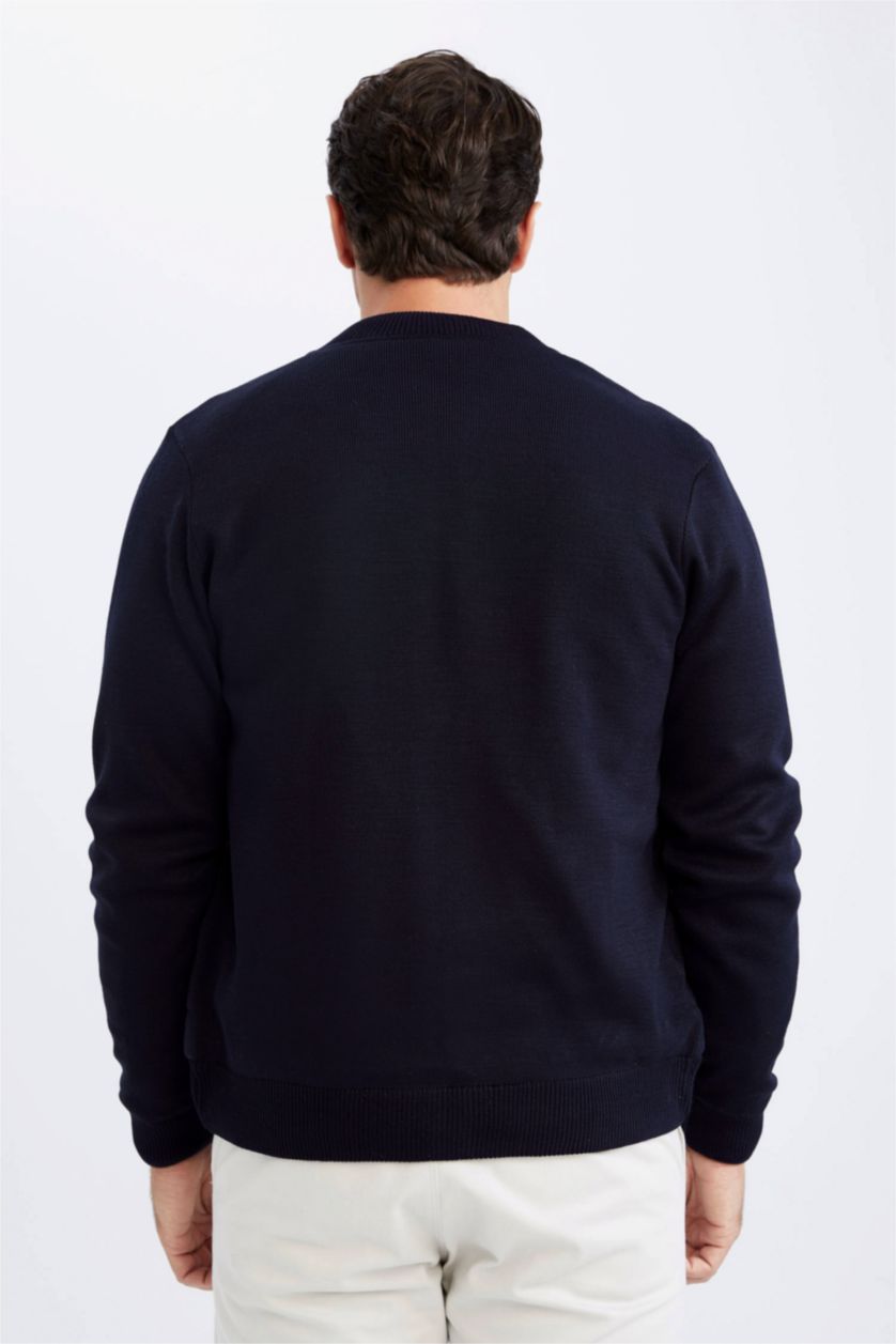 Erkek Lacivert Slım Fıt Kolej Yaka Bomber Triko Hırka