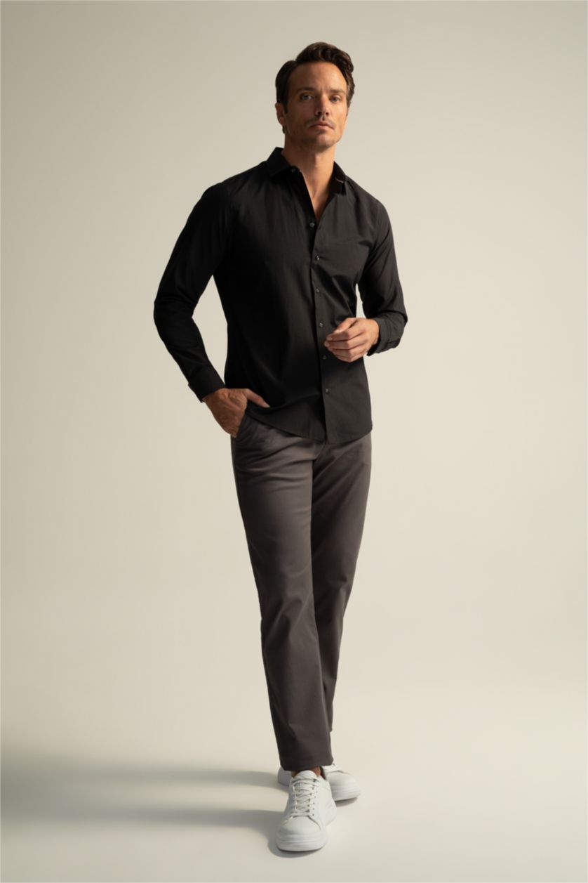 رجالي أسود Slim Fit Poplin Long Sleeve Shirt