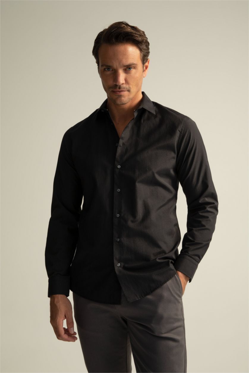 رجالي أسود Slim Fit Poplin Long Sleeve Shirt