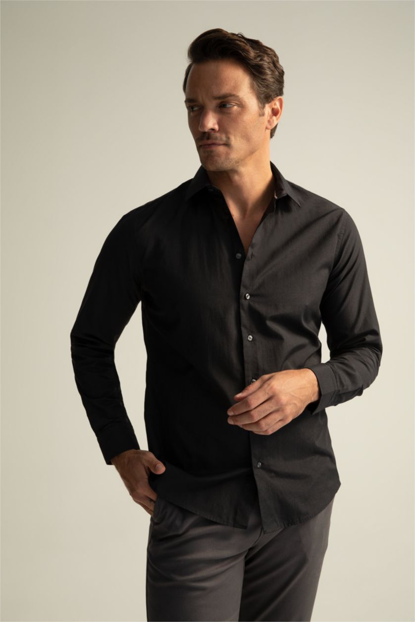 رجالي أسود Slim Fit Poplin Long Sleeve Shirt
