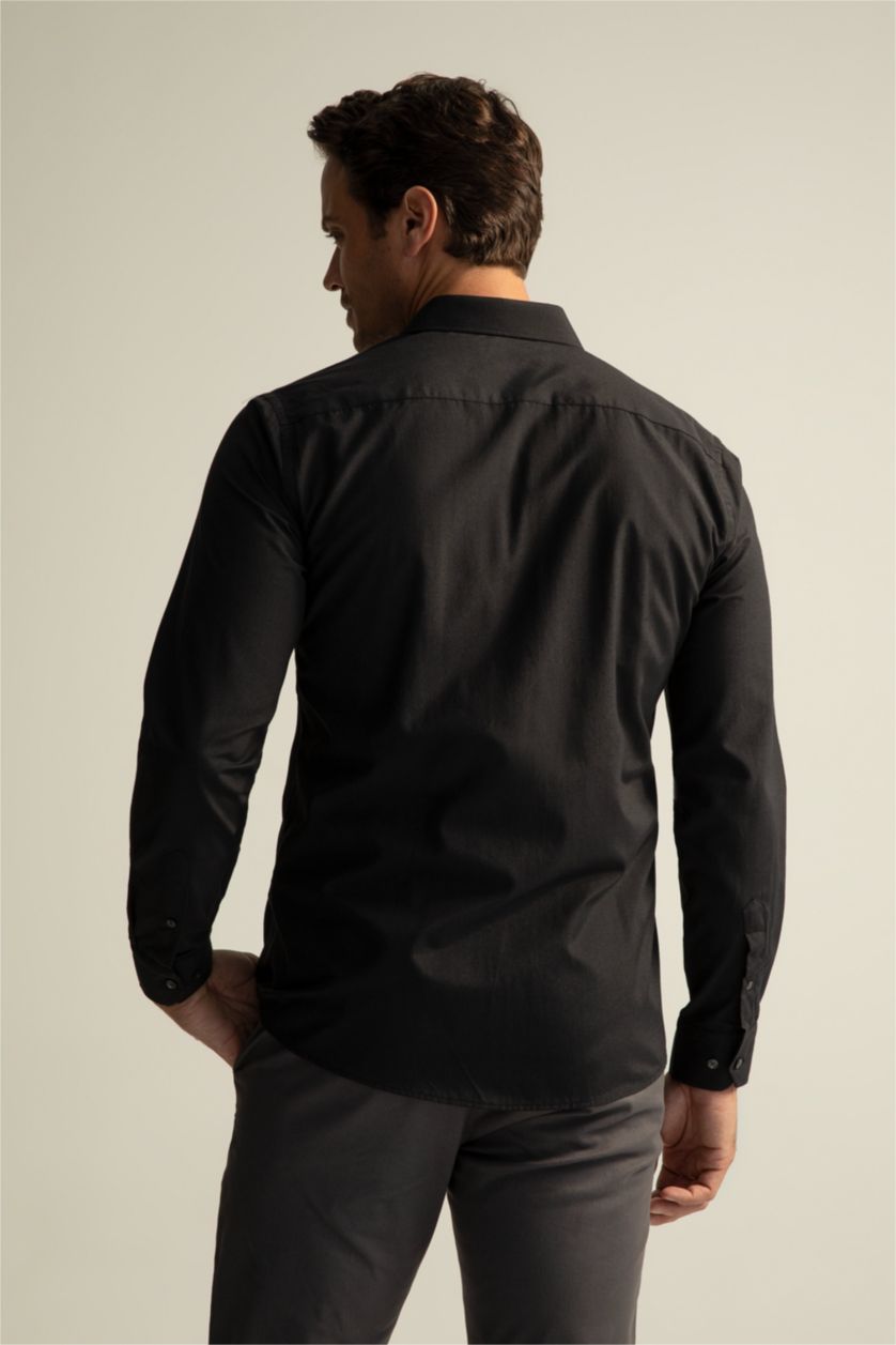 رجالي أسود Slim Fit Poplin Long Sleeve Shirt