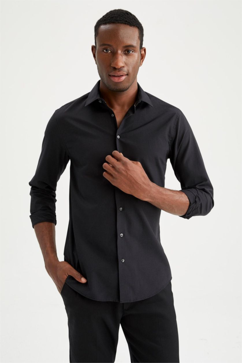 رجالي أسود Slim Fit Poplin Long Sleeve Shirt