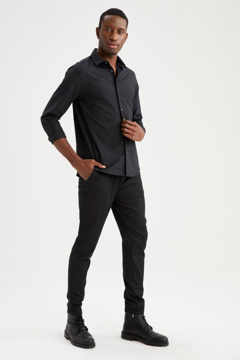 رجالي أسود Slim Fit Poplin Long Sleeve Shirt