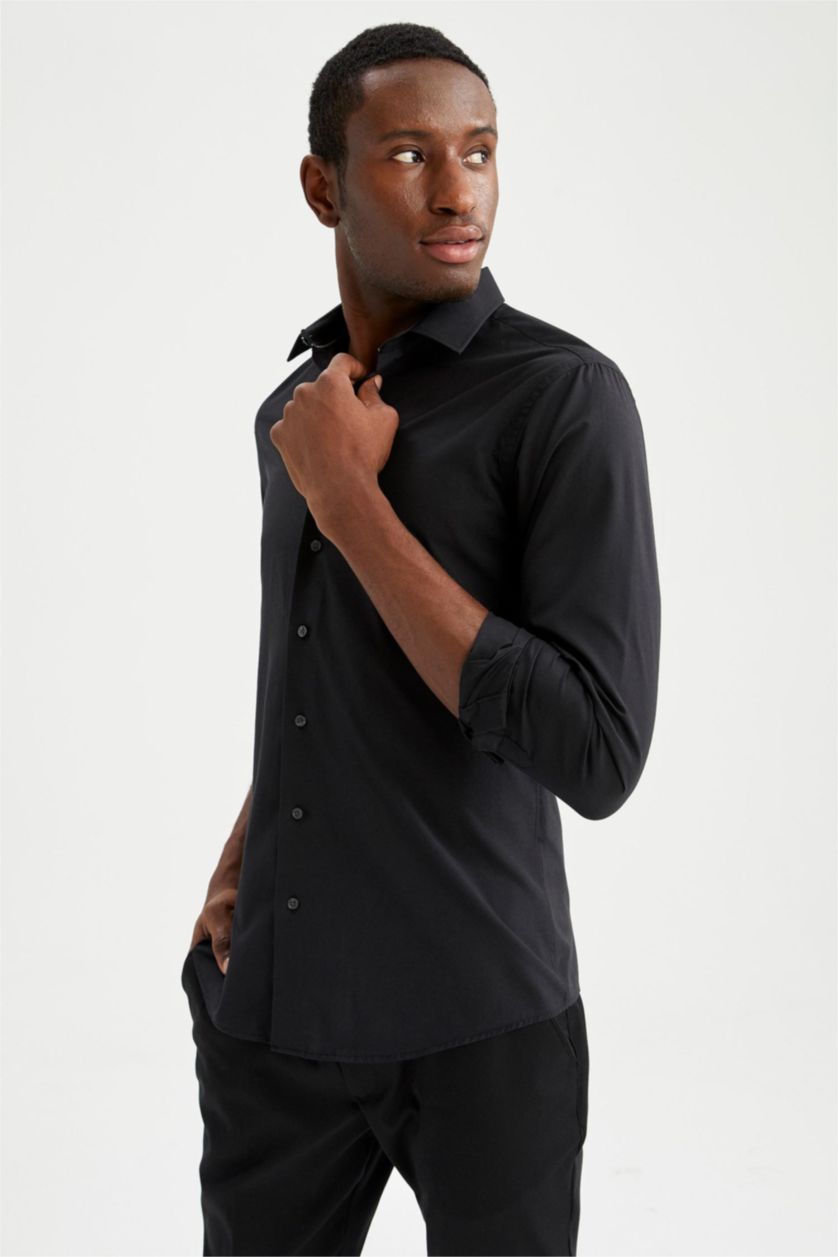 رجالي أسود Slim Fit Poplin Long Sleeve Shirt