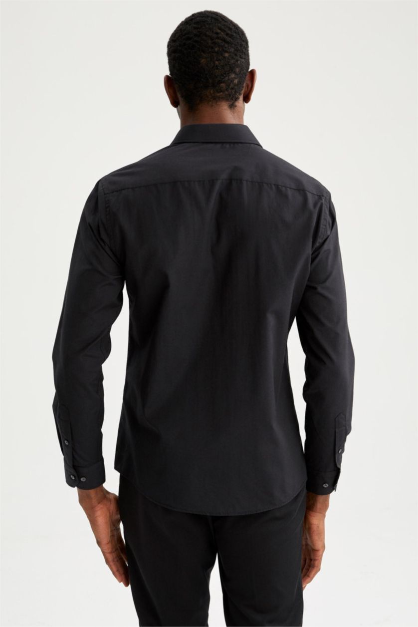 رجالي أسود Slim Fit Poplin Long Sleeve Shirt