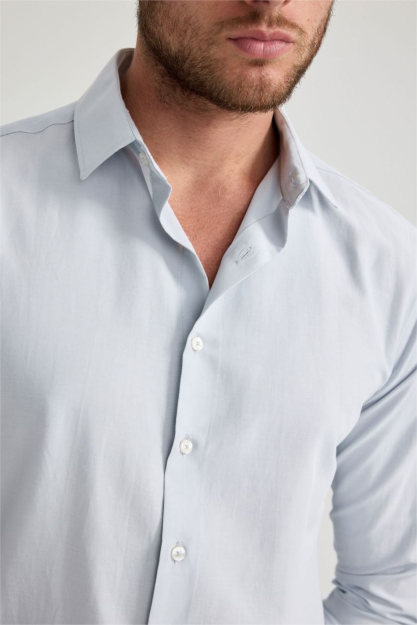 رجال أزرق فاتح قميص بولو بوبلين سليم فيت وأكمام طويلة