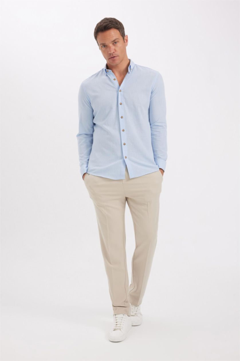 MAN Light Blue Modern Fit Polo Collar Poplin Long Sleeve Shirt