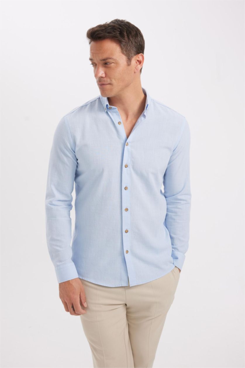 MAN Light Blue Modern Fit Polo Collar Poplin Long Sleeve Shirt
