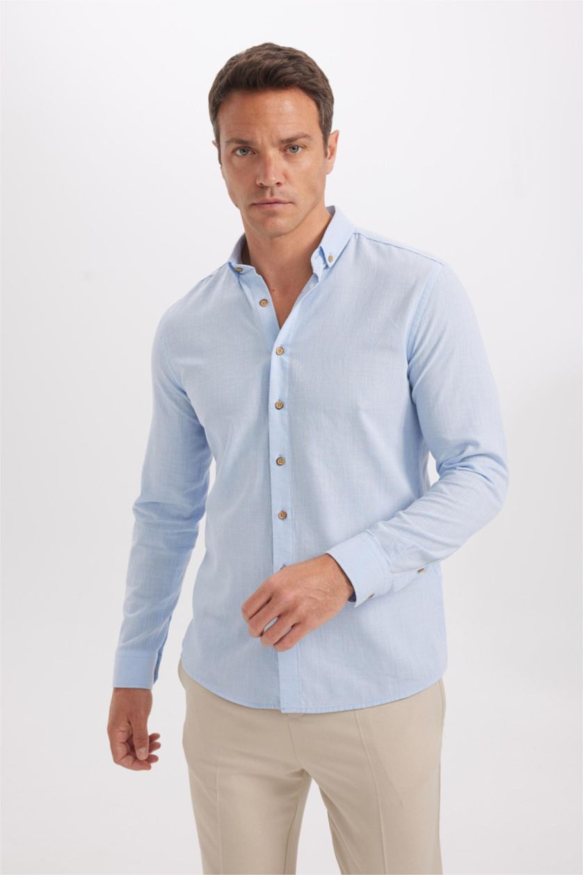MAN Light Blue Modern Fit Polo Collar Poplin Long Sleeve Shirt