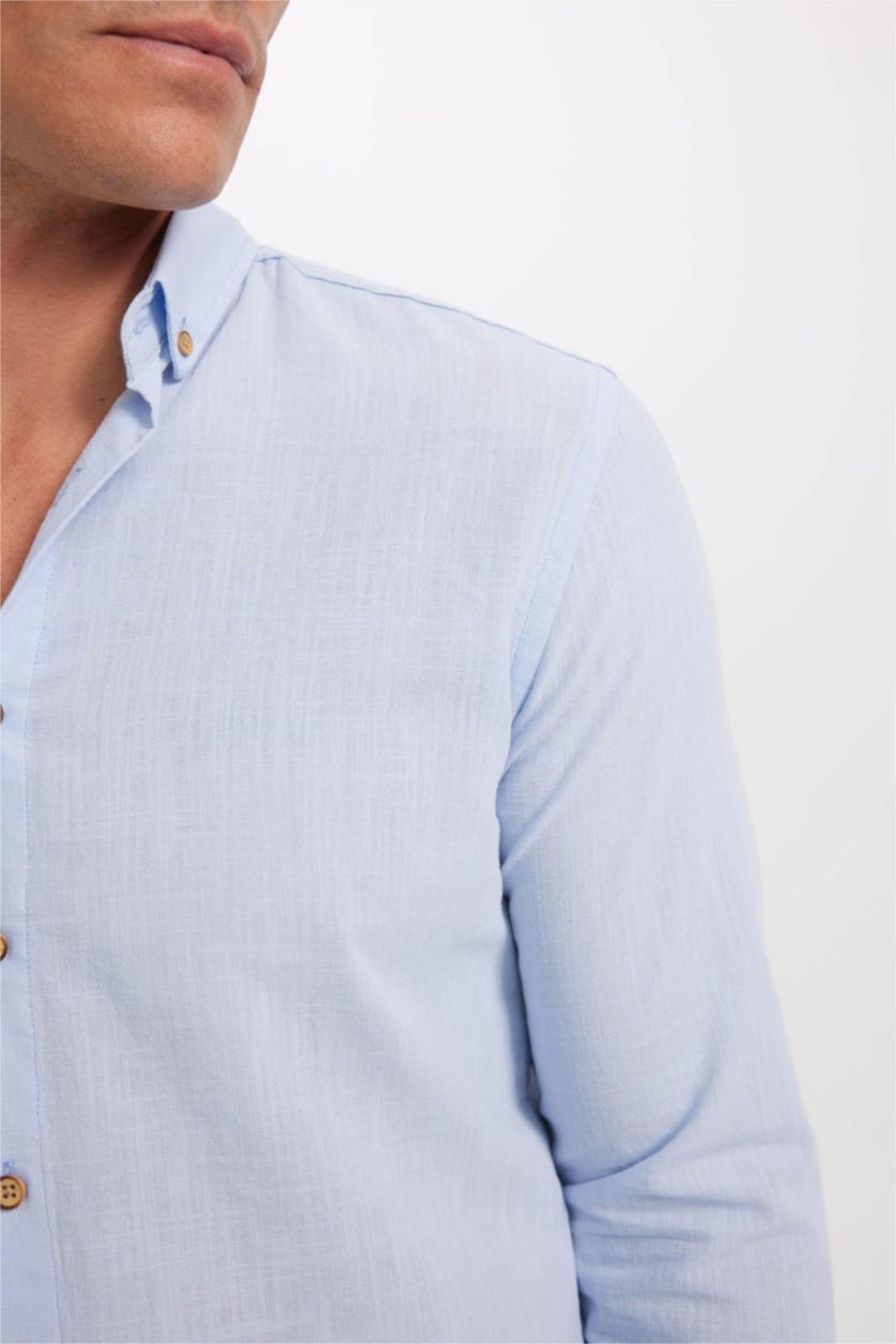 MAN Light Blue Modern Fit Polo Collar Poplin Long Sleeve Shirt