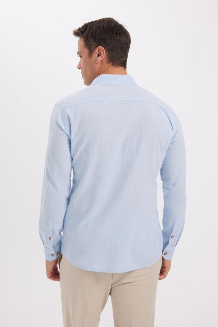 MAN Light Blue Modern Fit Polo Collar Poplin Long Sleeve Shirt