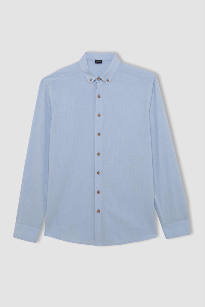 MAN Light Blue Modern Fit Polo Collar Poplin Long Sleeve Shirt