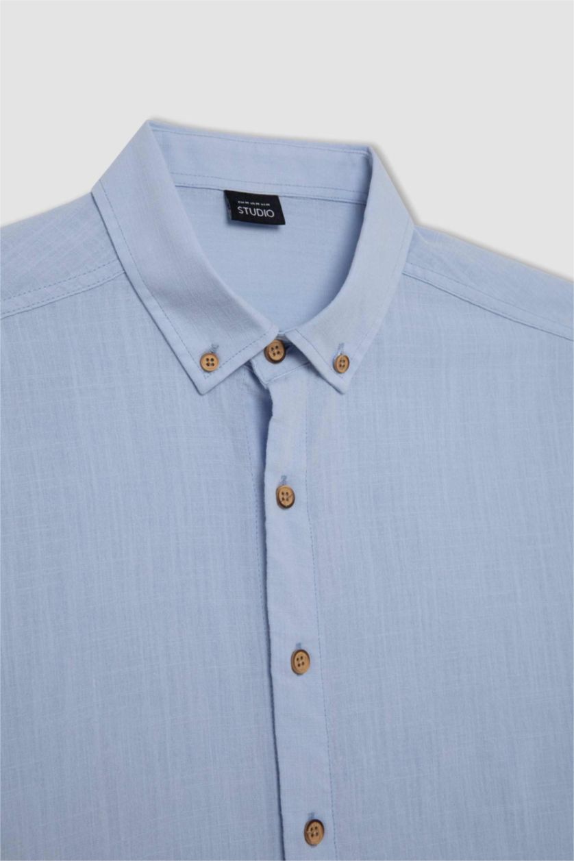 MAN Light Blue Modern Fit Polo Collar Poplin Long Sleeve Shirt