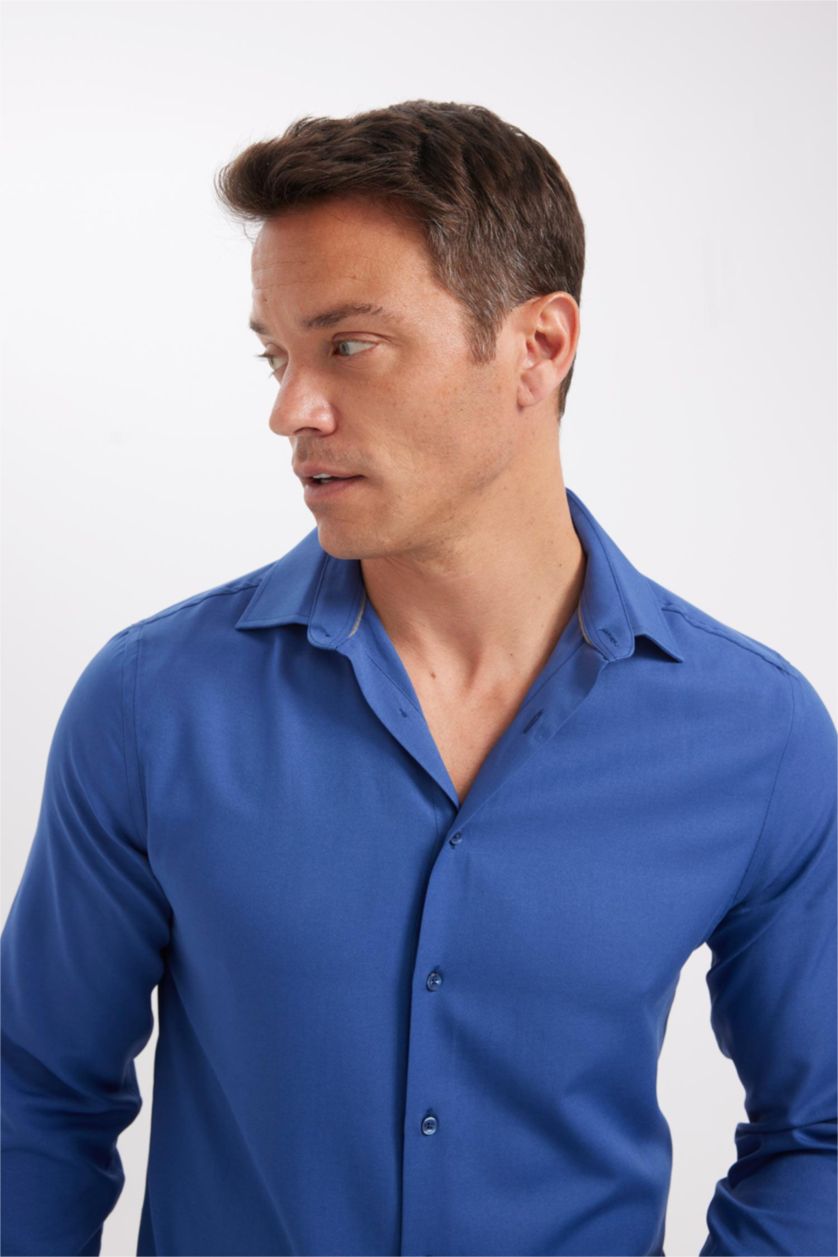 MAN Indigo Modern Fit Polo Collar Poplin Long Sleeve Shirt