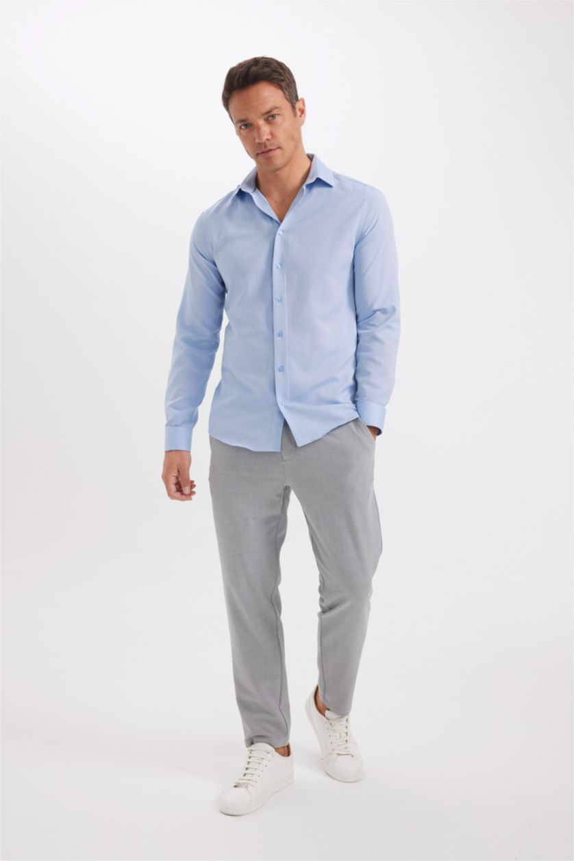 رجالي أزرق فاتح Modern Fit Poplin Long Sleeve Shirt