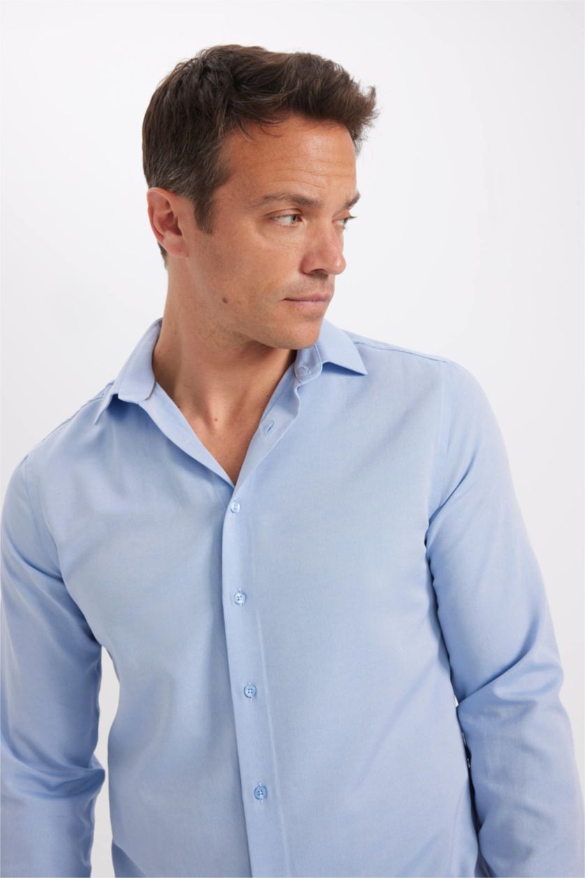 رجالي أزرق فاتح Modern Fit Poplin Long Sleeve Shirt