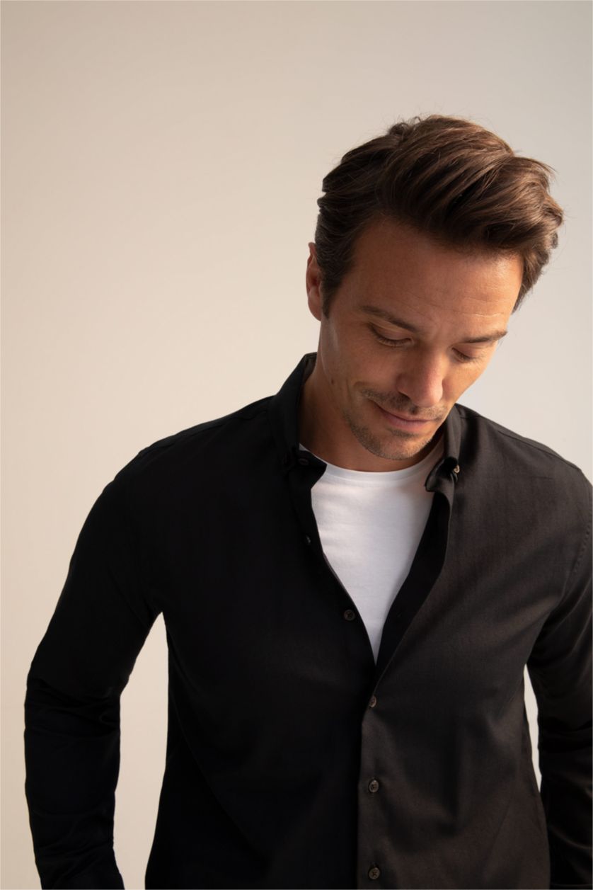 رجال أسود Modern Fit Long Sleeve Shirt