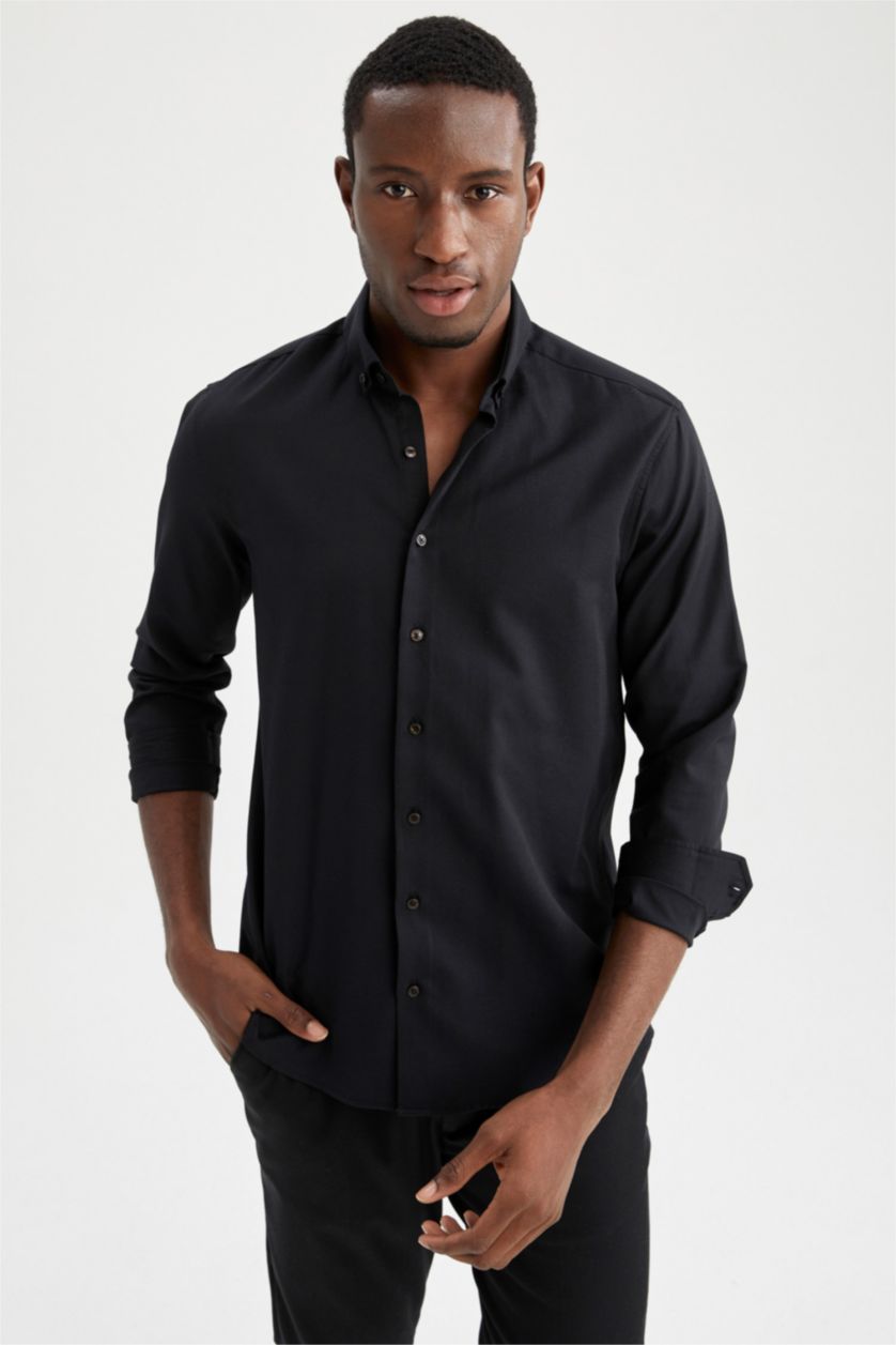 رجال أسود Modern Fit Long Sleeve Shirt