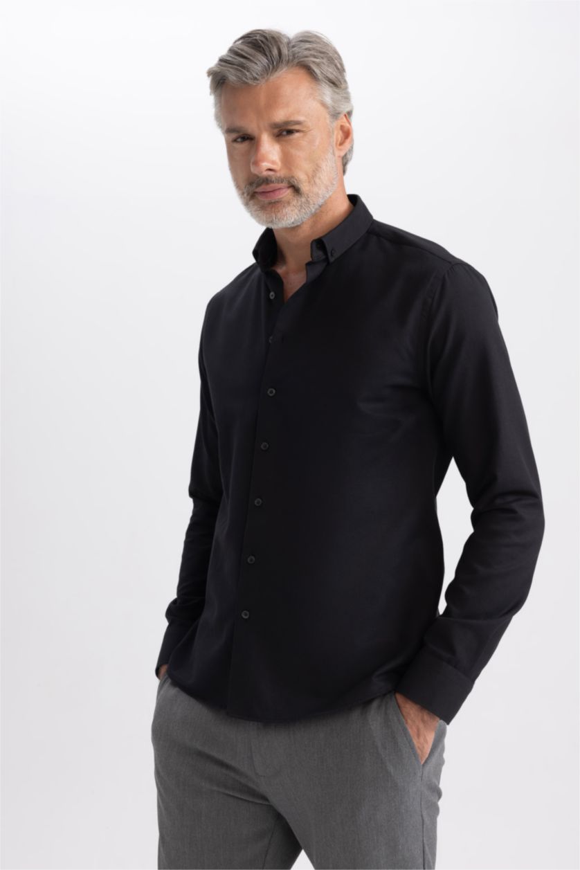 رجال أسود قميص كلاسيكي مودرن فيت كم طويل