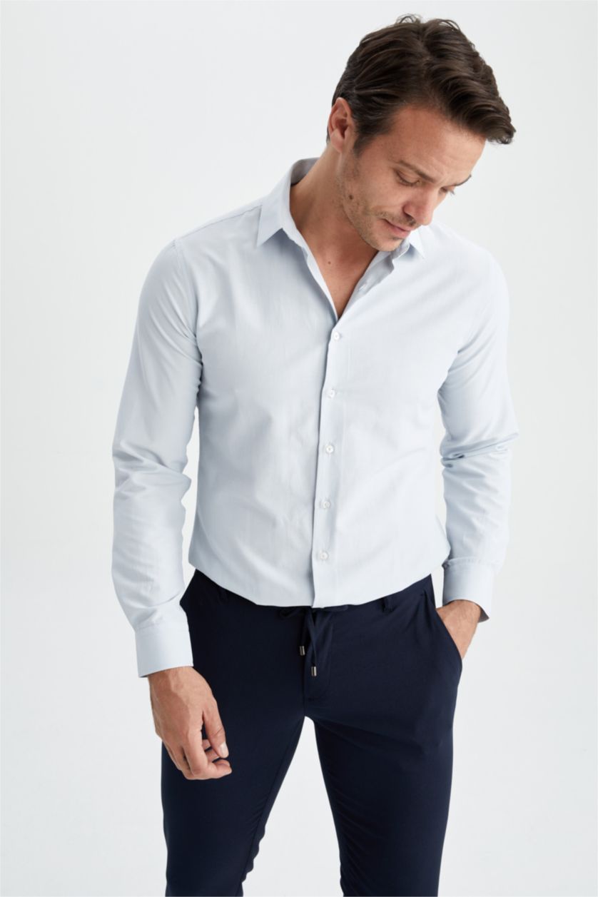 HOMME BLEU Clair Chemise classique en coton à manches longues Coupe moderne