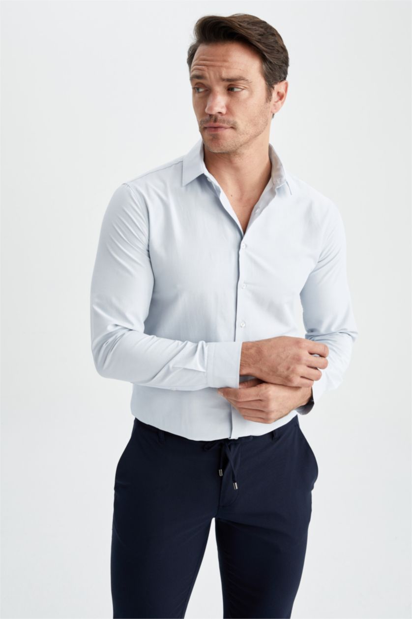 HOMME BLEU Clair Chemise classique en coton à manches longues Coupe moderne