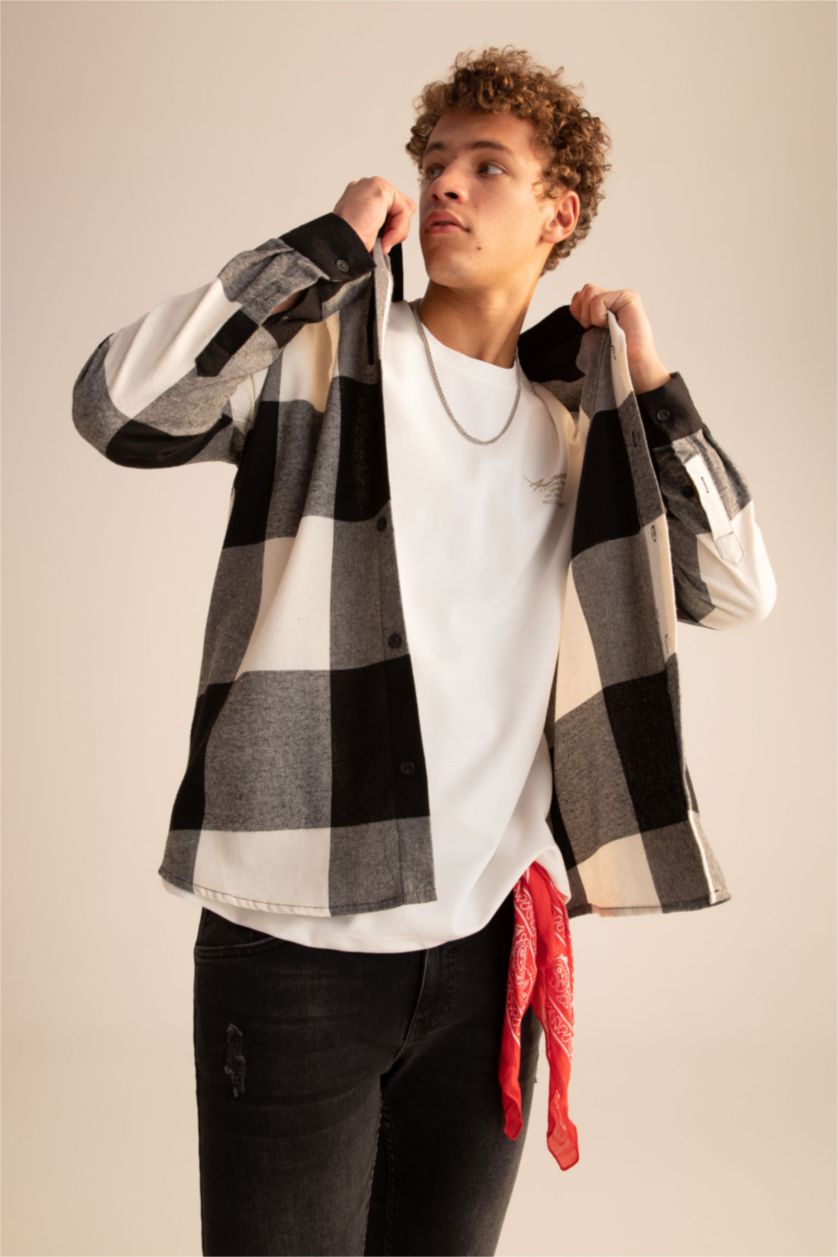 MAN Black Regular Fit Hooded Square Patterned Long Sleeve Lumberjack Shirt Jacket