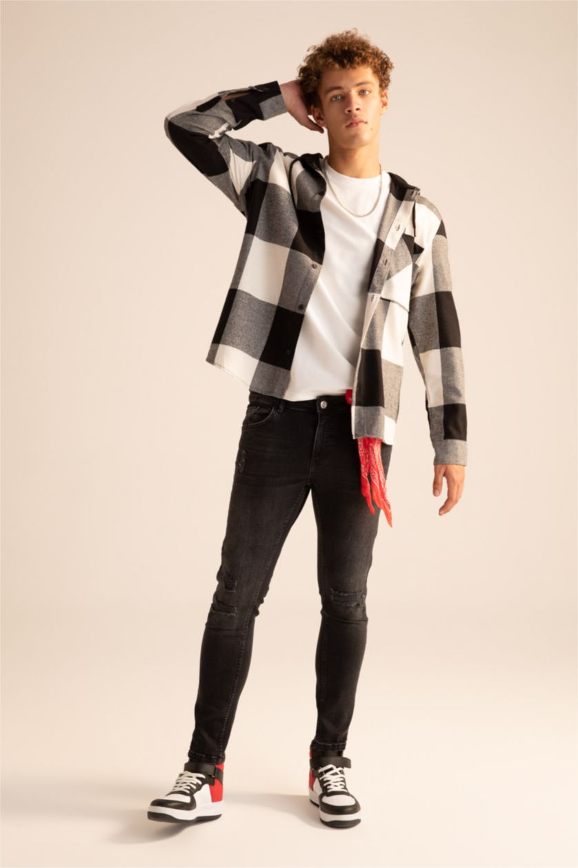 MAN Black Regular Fit Hooded Square Patterned Long Sleeve Lumberjack Shirt Jacket