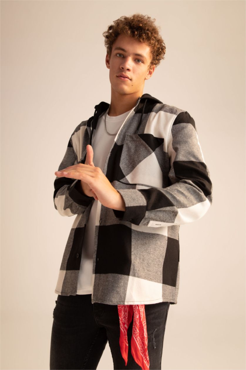 MAN Black Regular Fit Hooded Square Patterned Long Sleeve Lumberjack Shirt Jacket