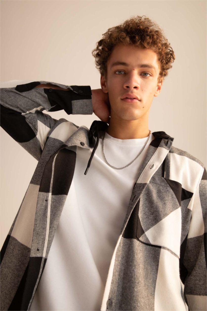 MAN Black Regular Fit Hooded Square Patterned Long Sleeve Lumberjack Shirt Jacket