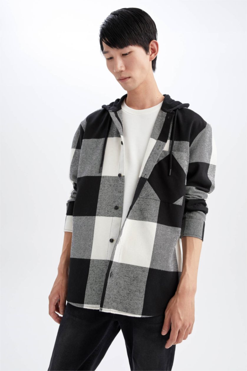 MAN Black Regular Fit Hooded Square Patterned Long Sleeve Lumberjack Shirt Jacket